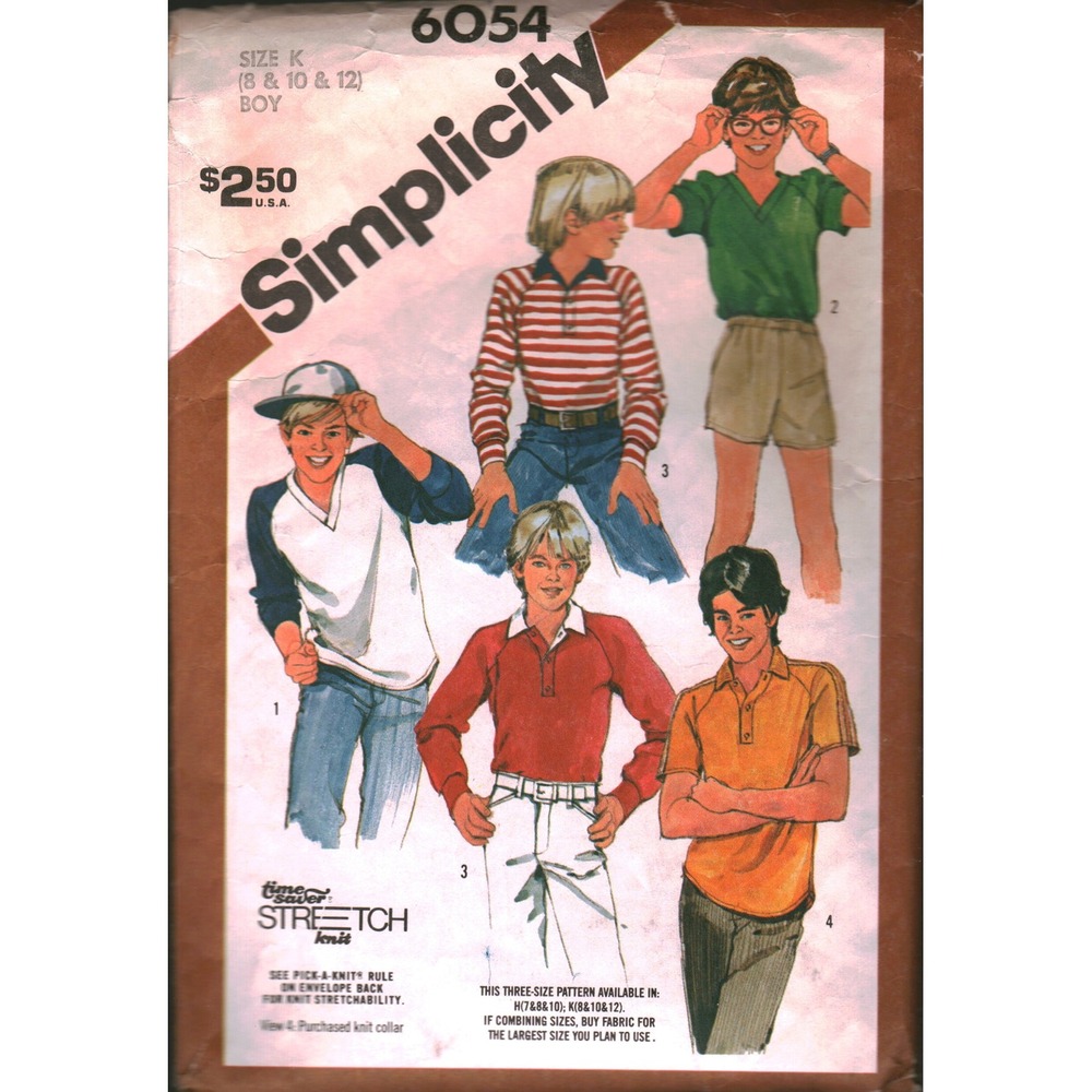 Vintage 1983 Simplicity 6054 Boys Pullover Tops Sewing Pattern Size 8 10 12 Knit